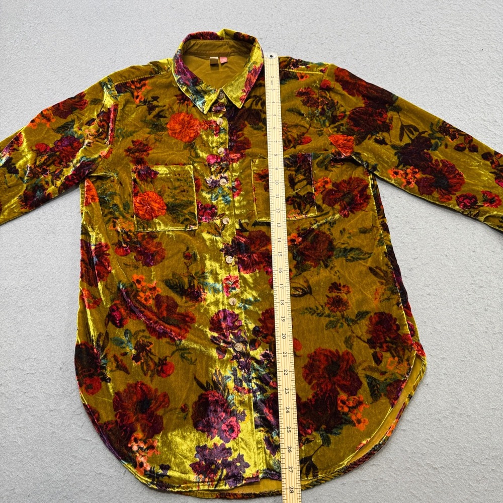 Pilcro Anthropologie Shirt Women's XS Yellow Floral Velvet Button Down Bohemian - Picture 4 of 5